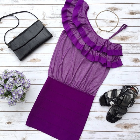 Bebe Ruffled 1 Shoulder Purple Bandage Skirt Dress - Picture 8 of 8